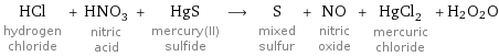 HCl hydrogen chloride + HNO_3 nitric acid + HgS mercury(II) sulfide ⟶ S mixed sulfur + NO nitric oxide + HgCl_2 mercuric chloride + H2O2O