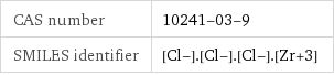 CAS number | 10241-03-9 SMILES identifier | [Cl-].[Cl-].[Cl-].[Zr+3]