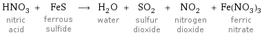 HNO_3 nitric acid + FeS ferrous sulfide ⟶ H_2O water + SO_2 sulfur dioxide + NO_2 nitrogen dioxide + Fe(NO_3)_3 ferric nitrate