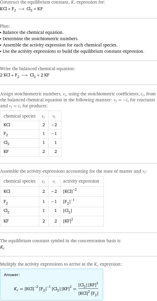 Construct the equilibrium constant, K, expression for: KCl + F_2 ⟶ Cl_2 + KF Plan: • Balance the chemical equation. • Determine the stoichiometric numbers. • Assemble the activity expression for each chemical species. • Use the activity expressions to build the equilibrium constant expression. Write the balanced chemical equation: 2 KCl + F_2 ⟶ Cl_2 + 2 KF Assign stoichiometric numbers, ν_i, using the stoichiometric coefficients, c_i, from the balanced chemical equation in the following manner: ν_i = -c_i for reactants and ν_i = c_i for products: chemical species | c_i | ν_i KCl | 2 | -2 F_2 | 1 | -1 Cl_2 | 1 | 1 KF | 2 | 2 Assemble the activity expressions accounting for the state of matter and ν_i: chemical species | c_i | ν_i | activity expression KCl | 2 | -2 | ([KCl])^(-2) F_2 | 1 | -1 | ([F2])^(-1) Cl_2 | 1 | 1 | [Cl2] KF | 2 | 2 | ([KF])^2 The equilibrium constant symbol in the concentration basis is: K_c Mulitply the activity expressions to arrive at the K_c expression: Answer: |   | K_c = ([KCl])^(-2) ([F2])^(-1) [Cl2] ([KF])^2 = ([Cl2] ([KF])^2)/(([KCl])^2 [F2])