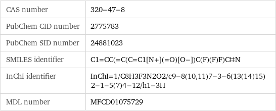 CAS number | 320-47-8 PubChem CID number | 2775783 PubChem SID number | 24881023 SMILES identifier | C1=CC(=C(C=C1[N+](=O)[O-])C(F)(F)F)C#N InChI identifier | InChI=1/C8H3F3N2O2/c9-8(10, 11)7-3-6(13(14)15)2-1-5(7)4-12/h1-3H MDL number | MFCD01075729