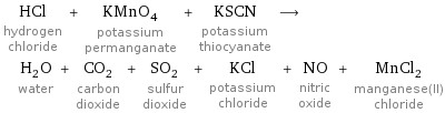 HCl hydrogen chloride + KMnO_4 potassium permanganate + KSCN potassium thiocyanate ⟶ H_2O water + CO_2 carbon dioxide + SO_2 sulfur dioxide + KCl potassium chloride + NO nitric oxide + MnCl_2 manganese(II) chloride