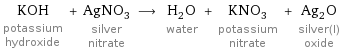 KOH potassium hydroxide + AgNO_3 silver nitrate ⟶ H_2O water + KNO_3 potassium nitrate + Ag_2O silver(I) oxide