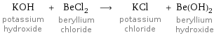 KOH potassium hydroxide + BeCl_2 beryllium chloride ⟶ KCl potassium chloride + Be(OH)_2 beryllium hydroxide