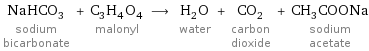 NaHCO_3 sodium bicarbonate + C_3H_4O_4 malonyl ⟶ H_2O water + CO_2 carbon dioxide + CH_3COONa sodium acetate