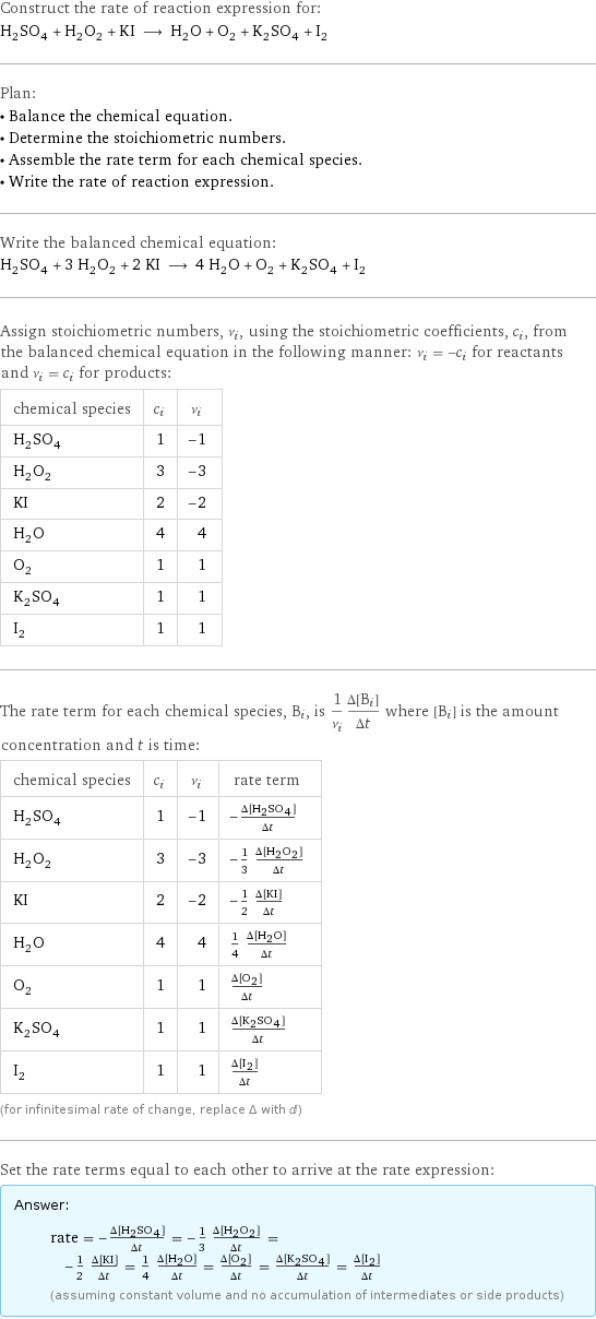 Construct the rate of reaction expression for: H_2SO_4 + H_2O_2 + KI ⟶ H_2O + O_2 + K_2SO_4 + I_2 Plan: • Balance the chemical equation. • Determine the stoichiometric numbers. • Assemble the rate term for each chemical species. • Write the rate of reaction expression. Write the balanced chemical equation: H_2SO_4 + 3 H_2O_2 + 2 KI ⟶ 4 H_2O + O_2 + K_2SO_4 + I_2 Assign stoichiometric numbers, ν_i, using the stoichiometric coefficients, c_i, from the balanced chemical equation in the following manner: ν_i = -c_i for reactants and ν_i = c_i for products: chemical species | c_i | ν_i H_2SO_4 | 1 | -1 H_2O_2 | 3 | -3 KI | 2 | -2 H_2O | 4 | 4 O_2 | 1 | 1 K_2SO_4 | 1 | 1 I_2 | 1 | 1 The rate term for each chemical species, B_i, is 1/ν_i(Δ[B_i])/(Δt) where [B_i] is the amount concentration and t is time: chemical species | c_i | ν_i | rate term H_2SO_4 | 1 | -1 | -(Δ[H2SO4])/(Δt) H_2O_2 | 3 | -3 | -1/3 (Δ[H2O2])/(Δt) KI | 2 | -2 | -1/2 (Δ[KI])/(Δt) H_2O | 4 | 4 | 1/4 (Δ[H2O])/(Δt) O_2 | 1 | 1 | (Δ[O2])/(Δt) K_2SO_4 | 1 | 1 | (Δ[K2SO4])/(Δt) I_2 | 1 | 1 | (Δ[I2])/(Δt) (for infinitesimal rate of change, replace Δ with d) Set the rate terms equal to each other to arrive at the rate expression: Answer: |   | rate = -(Δ[H2SO4])/(Δt) = -1/3 (Δ[H2O2])/(Δt) = -1/2 (Δ[KI])/(Δt) = 1/4 (Δ[H2O])/(Δt) = (Δ[O2])/(Δt) = (Δ[K2SO4])/(Δt) = (Δ[I2])/(Δt) (assuming constant volume and no accumulation of intermediates or side products)