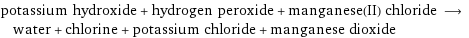 potassium hydroxide + hydrogen peroxide + manganese(II) chloride ⟶ water + chlorine + potassium chloride + manganese dioxide