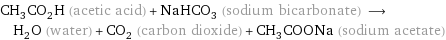 CH_3CO_2H (acetic acid) + NaHCO_3 (sodium bicarbonate) ⟶ H_2O (water) + CO_2 (carbon dioxide) + CH_3COONa (sodium acetate)