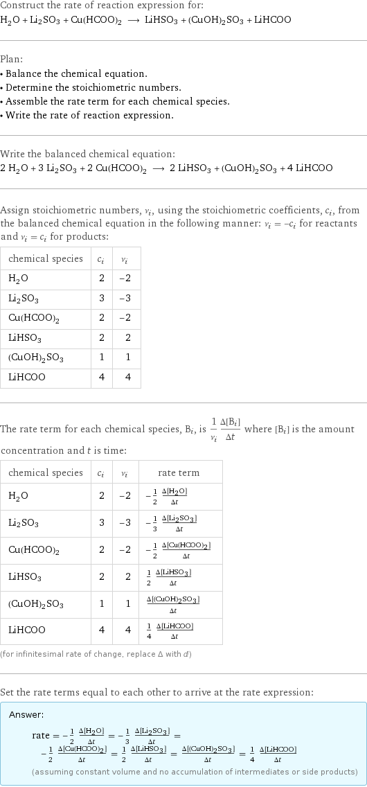 Construct the rate of reaction expression for: H_2O + Li2SO3 + Cu(HCOO)2 ⟶ LiHSO3 + (CuOH)2SO3 + LiHCOO Plan: • Balance the chemical equation. • Determine the stoichiometric numbers. • Assemble the rate term for each chemical species. • Write the rate of reaction expression. Write the balanced chemical equation: 2 H_2O + 3 Li2SO3 + 2 Cu(HCOO)2 ⟶ 2 LiHSO3 + (CuOH)2SO3 + 4 LiHCOO Assign stoichiometric numbers, ν_i, using the stoichiometric coefficients, c_i, from the balanced chemical equation in the following manner: ν_i = -c_i for reactants and ν_i = c_i for products: chemical species | c_i | ν_i H_2O | 2 | -2 Li2SO3 | 3 | -3 Cu(HCOO)2 | 2 | -2 LiHSO3 | 2 | 2 (CuOH)2SO3 | 1 | 1 LiHCOO | 4 | 4 The rate term for each chemical species, B_i, is 1/ν_i(Δ[B_i])/(Δt) where [B_i] is the amount concentration and t is time: chemical species | c_i | ν_i | rate term H_2O | 2 | -2 | -1/2 (Δ[H2O])/(Δt) Li2SO3 | 3 | -3 | -1/3 (Δ[Li2SO3])/(Δt) Cu(HCOO)2 | 2 | -2 | -1/2 (Δ[Cu(HCOO)2])/(Δt) LiHSO3 | 2 | 2 | 1/2 (Δ[LiHSO3])/(Δt) (CuOH)2SO3 | 1 | 1 | (Δ[(CuOH)2SO3])/(Δt) LiHCOO | 4 | 4 | 1/4 (Δ[LiHCOO])/(Δt) (for infinitesimal rate of change, replace Δ with d) Set the rate terms equal to each other to arrive at the rate expression: Answer: |   | rate = -1/2 (Δ[H2O])/(Δt) = -1/3 (Δ[Li2SO3])/(Δt) = -1/2 (Δ[Cu(HCOO)2])/(Δt) = 1/2 (Δ[LiHSO3])/(Δt) = (Δ[(CuOH)2SO3])/(Δt) = 1/4 (Δ[LiHCOO])/(Δt) (assuming constant volume and no accumulation of intermediates or side products)