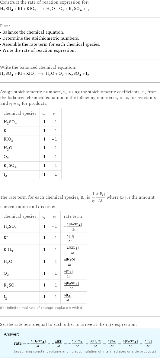 Construct the rate of reaction expression for: H_2SO_4 + KI + KIO_3 ⟶ H_2O + O_2 + K_2SO_4 + I_2 Plan: • Balance the chemical equation. • Determine the stoichiometric numbers. • Assemble the rate term for each chemical species. • Write the rate of reaction expression. Write the balanced chemical equation: H_2SO_4 + KI + KIO_3 ⟶ H_2O + O_2 + K_2SO_4 + I_2 Assign stoichiometric numbers, ν_i, using the stoichiometric coefficients, c_i, from the balanced chemical equation in the following manner: ν_i = -c_i for reactants and ν_i = c_i for products: chemical species | c_i | ν_i H_2SO_4 | 1 | -1 KI | 1 | -1 KIO_3 | 1 | -1 H_2O | 1 | 1 O_2 | 1 | 1 K_2SO_4 | 1 | 1 I_2 | 1 | 1 The rate term for each chemical species, B_i, is 1/ν_i(Δ[B_i])/(Δt) where [B_i] is the amount concentration and t is time: chemical species | c_i | ν_i | rate term H_2SO_4 | 1 | -1 | -(Δ[H2SO4])/(Δt) KI | 1 | -1 | -(Δ[KI])/(Δt) KIO_3 | 1 | -1 | -(Δ[KIO3])/(Δt) H_2O | 1 | 1 | (Δ[H2O])/(Δt) O_2 | 1 | 1 | (Δ[O2])/(Δt) K_2SO_4 | 1 | 1 | (Δ[K2SO4])/(Δt) I_2 | 1 | 1 | (Δ[I2])/(Δt) (for infinitesimal rate of change, replace Δ with d) Set the rate terms equal to each other to arrive at the rate expression: Answer: |   | rate = -(Δ[H2SO4])/(Δt) = -(Δ[KI])/(Δt) = -(Δ[KIO3])/(Δt) = (Δ[H2O])/(Δt) = (Δ[O2])/(Δt) = (Δ[K2SO4])/(Δt) = (Δ[I2])/(Δt) (assuming constant volume and no accumulation of intermediates or side products)