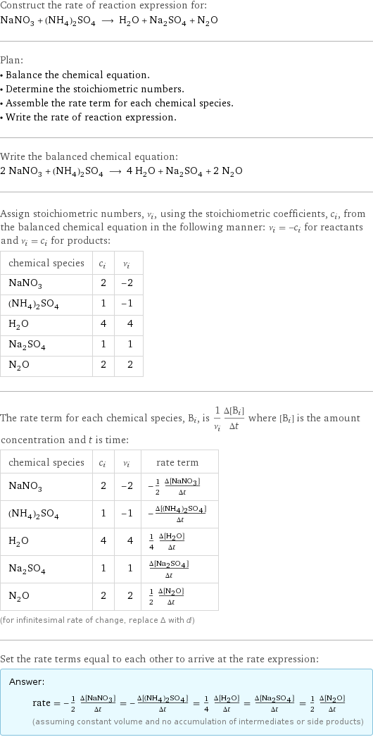 Construct the rate of reaction expression for: NaNO_3 + (NH_4)_2SO_4 ⟶ H_2O + Na_2SO_4 + N_2O Plan: • Balance the chemical equation. • Determine the stoichiometric numbers. • Assemble the rate term for each chemical species. • Write the rate of reaction expression. Write the balanced chemical equation: 2 NaNO_3 + (NH_4)_2SO_4 ⟶ 4 H_2O + Na_2SO_4 + 2 N_2O Assign stoichiometric numbers, ν_i, using the stoichiometric coefficients, c_i, from the balanced chemical equation in the following manner: ν_i = -c_i for reactants and ν_i = c_i for products: chemical species | c_i | ν_i NaNO_3 | 2 | -2 (NH_4)_2SO_4 | 1 | -1 H_2O | 4 | 4 Na_2SO_4 | 1 | 1 N_2O | 2 | 2 The rate term for each chemical species, B_i, is 1/ν_i(Δ[B_i])/(Δt) where [B_i] is the amount concentration and t is time: chemical species | c_i | ν_i | rate term NaNO_3 | 2 | -2 | -1/2 (Δ[NaNO3])/(Δt) (NH_4)_2SO_4 | 1 | -1 | -(Δ[(NH4)2SO4])/(Δt) H_2O | 4 | 4 | 1/4 (Δ[H2O])/(Δt) Na_2SO_4 | 1 | 1 | (Δ[Na2SO4])/(Δt) N_2O | 2 | 2 | 1/2 (Δ[N2O])/(Δt) (for infinitesimal rate of change, replace Δ with d) Set the rate terms equal to each other to arrive at the rate expression: Answer: |   | rate = -1/2 (Δ[NaNO3])/(Δt) = -(Δ[(NH4)2SO4])/(Δt) = 1/4 (Δ[H2O])/(Δt) = (Δ[Na2SO4])/(Δt) = 1/2 (Δ[N2O])/(Δt) (assuming constant volume and no accumulation of intermediates or side products)