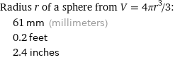 Radius r of a sphere from V = 4πr^3/3:  | 61 mm (millimeters)  | 0.2 feet  | 2.4 inches