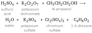 H_2SO_4 sulfuric acid + K_2Cr_2O_7 potassium dichromate + CH_3CH_2CH_2OH N-propanol ⟶ H_2O water + K_2SO_4 potassium sulfate + Cr_2(SO_4)_3 chromium sulfate + C_4H_8O_2 1, 4-dioxane