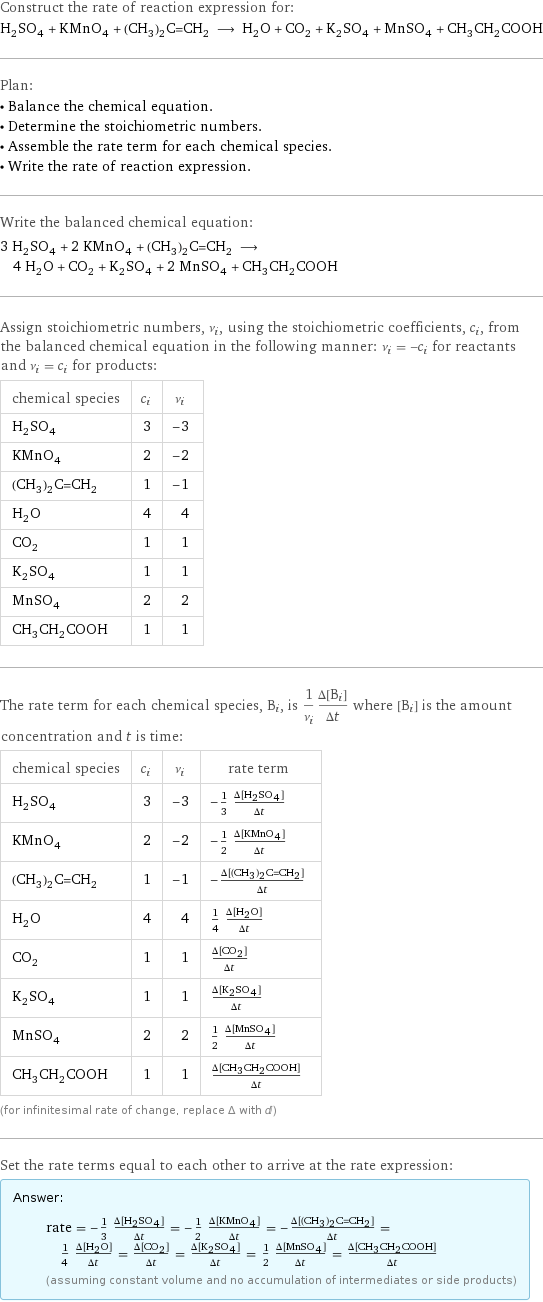 Construct the rate of reaction expression for: H_2SO_4 + KMnO_4 + (CH_3)_2C=CH_2 ⟶ H_2O + CO_2 + K_2SO_4 + MnSO_4 + CH_3CH_2COOH Plan: • Balance the chemical equation. • Determine the stoichiometric numbers. • Assemble the rate term for each chemical species. • Write the rate of reaction expression. Write the balanced chemical equation: 3 H_2SO_4 + 2 KMnO_4 + (CH_3)_2C=CH_2 ⟶ 4 H_2O + CO_2 + K_2SO_4 + 2 MnSO_4 + CH_3CH_2COOH Assign stoichiometric numbers, ν_i, using the stoichiometric coefficients, c_i, from the balanced chemical equation in the following manner: ν_i = -c_i for reactants and ν_i = c_i for products: chemical species | c_i | ν_i H_2SO_4 | 3 | -3 KMnO_4 | 2 | -2 (CH_3)_2C=CH_2 | 1 | -1 H_2O | 4 | 4 CO_2 | 1 | 1 K_2SO_4 | 1 | 1 MnSO_4 | 2 | 2 CH_3CH_2COOH | 1 | 1 The rate term for each chemical species, B_i, is 1/ν_i(Δ[B_i])/(Δt) where [B_i] is the amount concentration and t is time: chemical species | c_i | ν_i | rate term H_2SO_4 | 3 | -3 | -1/3 (Δ[H2SO4])/(Δt) KMnO_4 | 2 | -2 | -1/2 (Δ[KMnO4])/(Δt) (CH_3)_2C=CH_2 | 1 | -1 | -(Δ[(CH3)2C=CH2])/(Δt) H_2O | 4 | 4 | 1/4 (Δ[H2O])/(Δt) CO_2 | 1 | 1 | (Δ[CO2])/(Δt) K_2SO_4 | 1 | 1 | (Δ[K2SO4])/(Δt) MnSO_4 | 2 | 2 | 1/2 (Δ[MnSO4])/(Δt) CH_3CH_2COOH | 1 | 1 | (Δ[CH3CH2COOH])/(Δt) (for infinitesimal rate of change, replace Δ with d) Set the rate terms equal to each other to arrive at the rate expression: Answer: |   | rate = -1/3 (Δ[H2SO4])/(Δt) = -1/2 (Δ[KMnO4])/(Δt) = -(Δ[(CH3)2C=CH2])/(Δt) = 1/4 (Δ[H2O])/(Δt) = (Δ[CO2])/(Δt) = (Δ[K2SO4])/(Δt) = 1/2 (Δ[MnSO4])/(Δt) = (Δ[CH3CH2COOH])/(Δt) (assuming constant volume and no accumulation of intermediates or side products)