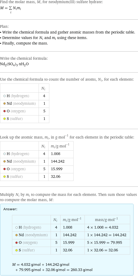 Find the molar mass, M, for neodymium(III) sulfate hydrate: M = sum _iN_im_i Plan: • Write the chemical formula and gather atomic masses from the periodic table. • Determine values for N_i and m_i using these items. • Finally, compute the mass. Write the chemical formula: Nd_2(SO_4)_3·xH_2O Use the chemical formula to count the number of atoms, N_i, for each element:  | N_i  H (hydrogen) | 4  Nd (neodymium) | 1  O (oxygen) | 5  S (sulfur) | 1 Look up the atomic mass, m_i, in g·mol^(-1) for each element in the periodic table:  | N_i | m_i/g·mol^(-1)  H (hydrogen) | 4 | 1.008  Nd (neodymium) | 1 | 144.242  O (oxygen) | 5 | 15.999  S (sulfur) | 1 | 32.06 Multiply N_i by m_i to compute the mass for each element. Then sum those values to compute the molar mass, M: Answer: |   | | N_i | m_i/g·mol^(-1) | mass/g·mol^(-1)  H (hydrogen) | 4 | 1.008 | 4 × 1.008 = 4.032  Nd (neodymium) | 1 | 144.242 | 1 × 144.242 = 144.242  O (oxygen) | 5 | 15.999 | 5 × 15.999 = 79.995  S (sulfur) | 1 | 32.06 | 1 × 32.06 = 32.06  M = 4.032 g/mol + 144.242 g/mol + 79.995 g/mol + 32.06 g/mol = 260.33 g/mol