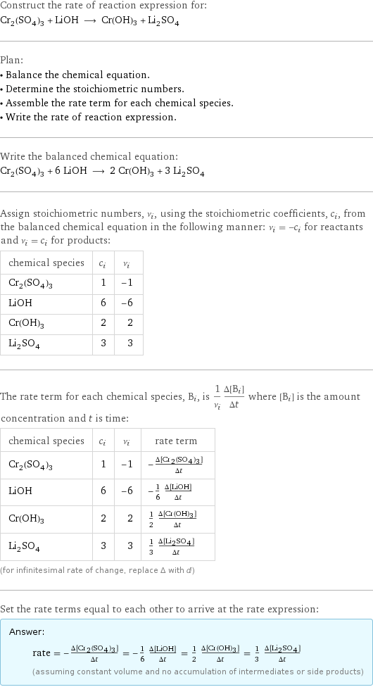 Construct the rate of reaction expression for: Cr_2(SO_4)_3 + LiOH ⟶ Cr(OH)3 + Li_2SO_4 Plan: • Balance the chemical equation. • Determine the stoichiometric numbers. • Assemble the rate term for each chemical species. • Write the rate of reaction expression. Write the balanced chemical equation: Cr_2(SO_4)_3 + 6 LiOH ⟶ 2 Cr(OH)3 + 3 Li_2SO_4 Assign stoichiometric numbers, ν_i, using the stoichiometric coefficients, c_i, from the balanced chemical equation in the following manner: ν_i = -c_i for reactants and ν_i = c_i for products: chemical species | c_i | ν_i Cr_2(SO_4)_3 | 1 | -1 LiOH | 6 | -6 Cr(OH)3 | 2 | 2 Li_2SO_4 | 3 | 3 The rate term for each chemical species, B_i, is 1/ν_i(Δ[B_i])/(Δt) where [B_i] is the amount concentration and t is time: chemical species | c_i | ν_i | rate term Cr_2(SO_4)_3 | 1 | -1 | -(Δ[Cr2(SO4)3])/(Δt) LiOH | 6 | -6 | -1/6 (Δ[LiOH])/(Δt) Cr(OH)3 | 2 | 2 | 1/2 (Δ[Cr(OH)3])/(Δt) Li_2SO_4 | 3 | 3 | 1/3 (Δ[Li2SO4])/(Δt) (for infinitesimal rate of change, replace Δ with d) Set the rate terms equal to each other to arrive at the rate expression: Answer: |   | rate = -(Δ[Cr2(SO4)3])/(Δt) = -1/6 (Δ[LiOH])/(Δt) = 1/2 (Δ[Cr(OH)3])/(Δt) = 1/3 (Δ[Li2SO4])/(Δt) (assuming constant volume and no accumulation of intermediates or side products)