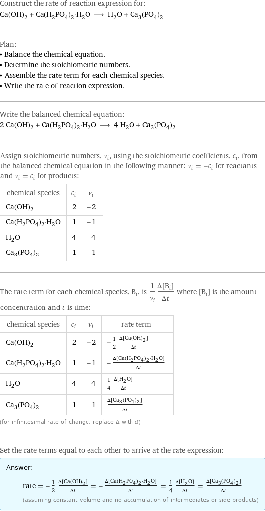 Construct the rate of reaction expression for: Ca(OH)_2 + Ca(H_2PO_4)_2·H_2O ⟶ H_2O + Ca_3(PO_4)_2 Plan: • Balance the chemical equation. • Determine the stoichiometric numbers. • Assemble the rate term for each chemical species. • Write the rate of reaction expression. Write the balanced chemical equation: 2 Ca(OH)_2 + Ca(H_2PO_4)_2·H_2O ⟶ 4 H_2O + Ca_3(PO_4)_2 Assign stoichiometric numbers, ν_i, using the stoichiometric coefficients, c_i, from the balanced chemical equation in the following manner: ν_i = -c_i for reactants and ν_i = c_i for products: chemical species | c_i | ν_i Ca(OH)_2 | 2 | -2 Ca(H_2PO_4)_2·H_2O | 1 | -1 H_2O | 4 | 4 Ca_3(PO_4)_2 | 1 | 1 The rate term for each chemical species, B_i, is 1/ν_i(Δ[B_i])/(Δt) where [B_i] is the amount concentration and t is time: chemical species | c_i | ν_i | rate term Ca(OH)_2 | 2 | -2 | -1/2 (Δ[Ca(OH)2])/(Δt) Ca(H_2PO_4)_2·H_2O | 1 | -1 | -(Δ[Ca(H2PO4)2·H2O])/(Δt) H_2O | 4 | 4 | 1/4 (Δ[H2O])/(Δt) Ca_3(PO_4)_2 | 1 | 1 | (Δ[Ca3(PO4)2])/(Δt) (for infinitesimal rate of change, replace Δ with d) Set the rate terms equal to each other to arrive at the rate expression: Answer: |   | rate = -1/2 (Δ[Ca(OH)2])/(Δt) = -(Δ[Ca(H2PO4)2·H2O])/(Δt) = 1/4 (Δ[H2O])/(Δt) = (Δ[Ca3(PO4)2])/(Δt) (assuming constant volume and no accumulation of intermediates or side products)