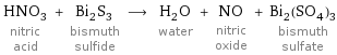 HNO_3 nitric acid + Bi_2S_3 bismuth sulfide ⟶ H_2O water + NO nitric oxide + Bi_2(SO_4)_3 bismuth sulfate