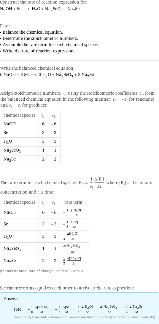 Construct the rate of reaction expression for: NaOH + Se ⟶ H_2O + Na_2SeO_3 + Na_2Se Plan: • Balance the chemical equation. • Determine the stoichiometric numbers. • Assemble the rate term for each chemical species. • Write the rate of reaction expression. Write the balanced chemical equation: 6 NaOH + 3 Se ⟶ 3 H_2O + Na_2SeO_3 + 2 Na_2Se Assign stoichiometric numbers, ν_i, using the stoichiometric coefficients, c_i, from the balanced chemical equation in the following manner: ν_i = -c_i for reactants and ν_i = c_i for products: chemical species | c_i | ν_i NaOH | 6 | -6 Se | 3 | -3 H_2O | 3 | 3 Na_2SeO_3 | 1 | 1 Na_2Se | 2 | 2 The rate term for each chemical species, B_i, is 1/ν_i(Δ[B_i])/(Δt) where [B_i] is the amount concentration and t is time: chemical species | c_i | ν_i | rate term NaOH | 6 | -6 | -1/6 (Δ[NaOH])/(Δt) Se | 3 | -3 | -1/3 (Δ[Se])/(Δt) H_2O | 3 | 3 | 1/3 (Δ[H2O])/(Δt) Na_2SeO_3 | 1 | 1 | (Δ[Na2SeO3])/(Δt) Na_2Se | 2 | 2 | 1/2 (Δ[Na2Se])/(Δt) (for infinitesimal rate of change, replace Δ with d) Set the rate terms equal to each other to arrive at the rate expression: Answer: |   | rate = -1/6 (Δ[NaOH])/(Δt) = -1/3 (Δ[Se])/(Δt) = 1/3 (Δ[H2O])/(Δt) = (Δ[Na2SeO3])/(Δt) = 1/2 (Δ[Na2Se])/(Δt) (assuming constant volume and no accumulation of intermediates or side products)