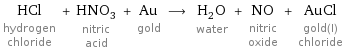 HCl hydrogen chloride + HNO_3 nitric acid + Au gold ⟶ H_2O water + NO nitric oxide + AuCl gold(I) chloride