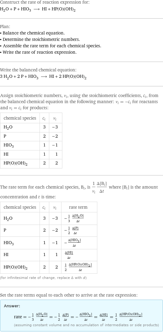 Construct the rate of reaction expression for: H_2O + P + HIO_3 ⟶ HI + HP(O)(OH)_2 Plan: • Balance the chemical equation. • Determine the stoichiometric numbers. • Assemble the rate term for each chemical species. • Write the rate of reaction expression. Write the balanced chemical equation: 3 H_2O + 2 P + HIO_3 ⟶ HI + 2 HP(O)(OH)_2 Assign stoichiometric numbers, ν_i, using the stoichiometric coefficients, c_i, from the balanced chemical equation in the following manner: ν_i = -c_i for reactants and ν_i = c_i for products: chemical species | c_i | ν_i H_2O | 3 | -3 P | 2 | -2 HIO_3 | 1 | -1 HI | 1 | 1 HP(O)(OH)_2 | 2 | 2 The rate term for each chemical species, B_i, is 1/ν_i(Δ[B_i])/(Δt) where [B_i] is the amount concentration and t is time: chemical species | c_i | ν_i | rate term H_2O | 3 | -3 | -1/3 (Δ[H2O])/(Δt) P | 2 | -2 | -1/2 (Δ[P])/(Δt) HIO_3 | 1 | -1 | -(Δ[HIO3])/(Δt) HI | 1 | 1 | (Δ[HI])/(Δt) HP(O)(OH)_2 | 2 | 2 | 1/2 (Δ[HP(O)(OH)2])/(Δt) (for infinitesimal rate of change, replace Δ with d) Set the rate terms equal to each other to arrive at the rate expression: Answer: |   | rate = -1/3 (Δ[H2O])/(Δt) = -1/2 (Δ[P])/(Δt) = -(Δ[HIO3])/(Δt) = (Δ[HI])/(Δt) = 1/2 (Δ[HP(O)(OH)2])/(Δt) (assuming constant volume and no accumulation of intermediates or side products)