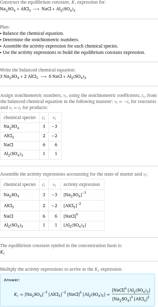 Construct the equilibrium constant, K, expression for: Na_2SO_4 + AlCl_3 ⟶ NaCl + Al_2(SO_4)_3 Plan: • Balance the chemical equation. • Determine the stoichiometric numbers. • Assemble the activity expression for each chemical species. • Use the activity expressions to build the equilibrium constant expression. Write the balanced chemical equation: 3 Na_2SO_4 + 2 AlCl_3 ⟶ 6 NaCl + Al_2(SO_4)_3 Assign stoichiometric numbers, ν_i, using the stoichiometric coefficients, c_i, from the balanced chemical equation in the following manner: ν_i = -c_i for reactants and ν_i = c_i for products: chemical species | c_i | ν_i Na_2SO_4 | 3 | -3 AlCl_3 | 2 | -2 NaCl | 6 | 6 Al_2(SO_4)_3 | 1 | 1 Assemble the activity expressions accounting for the state of matter and ν_i: chemical species | c_i | ν_i | activity expression Na_2SO_4 | 3 | -3 | ([Na2SO4])^(-3) AlCl_3 | 2 | -2 | ([AlCl3])^(-2) NaCl | 6 | 6 | ([NaCl])^6 Al_2(SO_4)_3 | 1 | 1 | [Al2(SO4)3] The equilibrium constant symbol in the concentration basis is: K_c Mulitply the activity expressions to arrive at the K_c expression: Answer: |   | K_c = ([Na2SO4])^(-3) ([AlCl3])^(-2) ([NaCl])^6 [Al2(SO4)3] = (([NaCl])^6 [Al2(SO4)3])/(([Na2SO4])^3 ([AlCl3])^2)