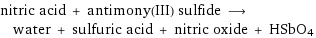 nitric acid + antimony(III) sulfide ⟶ water + sulfuric acid + nitric oxide + HSbO4