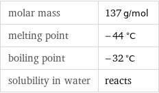 molar mass | 137 g/mol melting point | -44 °C boiling point | -32 °C solubility in water | reacts