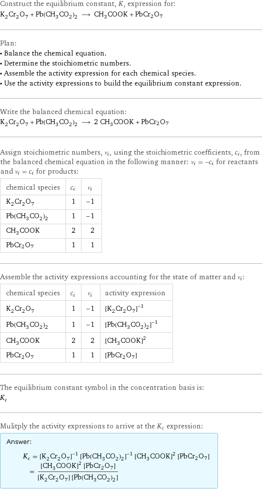 Construct the equilibrium constant, K, expression for: K_2Cr_2O_7 + Pb(CH_3CO_2)_2 ⟶ CH_3COOK + PbCr2O7 Plan: • Balance the chemical equation. • Determine the stoichiometric numbers. • Assemble the activity expression for each chemical species. • Use the activity expressions to build the equilibrium constant expression. Write the balanced chemical equation: K_2Cr_2O_7 + Pb(CH_3CO_2)_2 ⟶ 2 CH_3COOK + PbCr2O7 Assign stoichiometric numbers, ν_i, using the stoichiometric coefficients, c_i, from the balanced chemical equation in the following manner: ν_i = -c_i for reactants and ν_i = c_i for products: chemical species | c_i | ν_i K_2Cr_2O_7 | 1 | -1 Pb(CH_3CO_2)_2 | 1 | -1 CH_3COOK | 2 | 2 PbCr2O7 | 1 | 1 Assemble the activity expressions accounting for the state of matter and ν_i: chemical species | c_i | ν_i | activity expression K_2Cr_2O_7 | 1 | -1 | ([K2Cr2O7])^(-1) Pb(CH_3CO_2)_2 | 1 | -1 | ([Pb(CH3CO2)2])^(-1) CH_3COOK | 2 | 2 | ([CH3COOK])^2 PbCr2O7 | 1 | 1 | [PbCr2O7] The equilibrium constant symbol in the concentration basis is: K_c Mulitply the activity expressions to arrive at the K_c expression: Answer: |   | K_c = ([K2Cr2O7])^(-1) ([Pb(CH3CO2)2])^(-1) ([CH3COOK])^2 [PbCr2O7] = (([CH3COOK])^2 [PbCr2O7])/([K2Cr2O7] [Pb(CH3CO2)2])