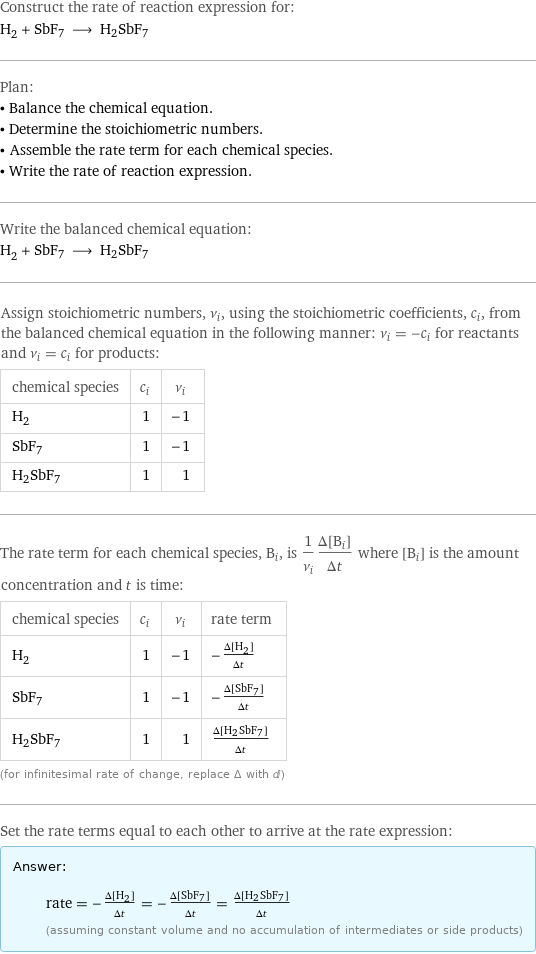 Construct the rate of reaction expression for: H_2 + SbF7 ⟶ H2SbF7 Plan: • Balance the chemical equation. • Determine the stoichiometric numbers. • Assemble the rate term for each chemical species. • Write the rate of reaction expression. Write the balanced chemical equation: H_2 + SbF7 ⟶ H2SbF7 Assign stoichiometric numbers, ν_i, using the stoichiometric coefficients, c_i, from the balanced chemical equation in the following manner: ν_i = -c_i for reactants and ν_i = c_i for products: chemical species | c_i | ν_i H_2 | 1 | -1 SbF7 | 1 | -1 H2SbF7 | 1 | 1 The rate term for each chemical species, B_i, is 1/ν_i(Δ[B_i])/(Δt) where [B_i] is the amount concentration and t is time: chemical species | c_i | ν_i | rate term H_2 | 1 | -1 | -(Δ[H2])/(Δt) SbF7 | 1 | -1 | -(Δ[SbF7])/(Δt) H2SbF7 | 1 | 1 | (Δ[H2SbF7])/(Δt) (for infinitesimal rate of change, replace Δ with d) Set the rate terms equal to each other to arrive at the rate expression: Answer: |   | rate = -(Δ[H2])/(Δt) = -(Δ[SbF7])/(Δt) = (Δ[H2SbF7])/(Δt) (assuming constant volume and no accumulation of intermediates or side products)