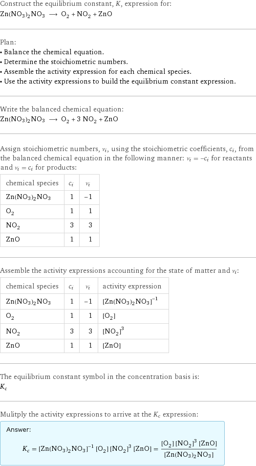 Construct the equilibrium constant, K, expression for: Zn(NO3)2NO3 ⟶ O_2 + NO_2 + ZnO Plan: • Balance the chemical equation. • Determine the stoichiometric numbers. • Assemble the activity expression for each chemical species. • Use the activity expressions to build the equilibrium constant expression. Write the balanced chemical equation: Zn(NO3)2NO3 ⟶ O_2 + 3 NO_2 + ZnO Assign stoichiometric numbers, ν_i, using the stoichiometric coefficients, c_i, from the balanced chemical equation in the following manner: ν_i = -c_i for reactants and ν_i = c_i for products: chemical species | c_i | ν_i Zn(NO3)2NO3 | 1 | -1 O_2 | 1 | 1 NO_2 | 3 | 3 ZnO | 1 | 1 Assemble the activity expressions accounting for the state of matter and ν_i: chemical species | c_i | ν_i | activity expression Zn(NO3)2NO3 | 1 | -1 | ([Zn(NO3)2NO3])^(-1) O_2 | 1 | 1 | [O2] NO_2 | 3 | 3 | ([NO2])^3 ZnO | 1 | 1 | [ZnO] The equilibrium constant symbol in the concentration basis is: K_c Mulitply the activity expressions to arrive at the K_c expression: Answer: |   | K_c = ([Zn(NO3)2NO3])^(-1) [O2] ([NO2])^3 [ZnO] = ([O2] ([NO2])^3 [ZnO])/([Zn(NO3)2NO3])