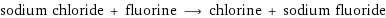 sodium chloride + fluorine ⟶ chlorine + sodium fluoride