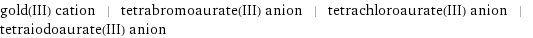 gold(III) cation | tetrabromoaurate(III) anion | tetrachloroaurate(III) anion | tetraiodoaurate(III) anion