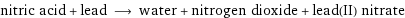 nitric acid + lead ⟶ water + nitrogen dioxide + lead(II) nitrate