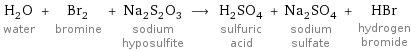 H_2O water + Br_2 bromine + Na_2S_2O_3 sodium hyposulfite ⟶ H_2SO_4 sulfuric acid + Na_2SO_4 sodium sulfate + HBr hydrogen bromide