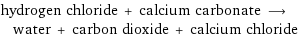 hydrogen chloride + calcium carbonate ⟶ water + carbon dioxide + calcium chloride