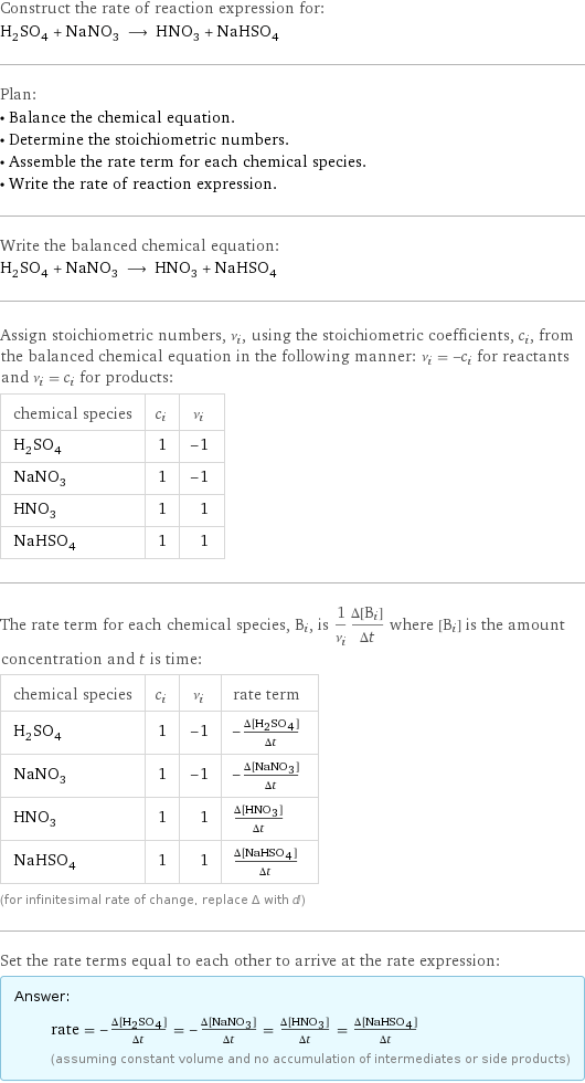 Construct the rate of reaction expression for: H_2SO_4 + NaNO_3 ⟶ HNO_3 + NaHSO_4 Plan: • Balance the chemical equation. • Determine the stoichiometric numbers. • Assemble the rate term for each chemical species. • Write the rate of reaction expression. Write the balanced chemical equation: H_2SO_4 + NaNO_3 ⟶ HNO_3 + NaHSO_4 Assign stoichiometric numbers, ν_i, using the stoichiometric coefficients, c_i, from the balanced chemical equation in the following manner: ν_i = -c_i for reactants and ν_i = c_i for products: chemical species | c_i | ν_i H_2SO_4 | 1 | -1 NaNO_3 | 1 | -1 HNO_3 | 1 | 1 NaHSO_4 | 1 | 1 The rate term for each chemical species, B_i, is 1/ν_i(Δ[B_i])/(Δt) where [B_i] is the amount concentration and t is time: chemical species | c_i | ν_i | rate term H_2SO_4 | 1 | -1 | -(Δ[H2SO4])/(Δt) NaNO_3 | 1 | -1 | -(Δ[NaNO3])/(Δt) HNO_3 | 1 | 1 | (Δ[HNO3])/(Δt) NaHSO_4 | 1 | 1 | (Δ[NaHSO4])/(Δt) (for infinitesimal rate of change, replace Δ with d) Set the rate terms equal to each other to arrive at the rate expression: Answer: |   | rate = -(Δ[H2SO4])/(Δt) = -(Δ[NaNO3])/(Δt) = (Δ[HNO3])/(Δt) = (Δ[NaHSO4])/(Δt) (assuming constant volume and no accumulation of intermediates or side products)