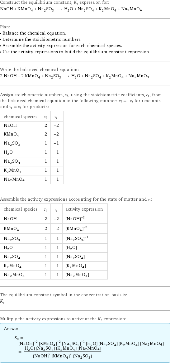 Construct the equilibrium constant, K, expression for: NaOH + KMnO_4 + Na_2SO_3 ⟶ H_2O + Na_2SO_4 + K_2MnO_4 + Na2MnO4 Plan: • Balance the chemical equation. • Determine the stoichiometric numbers. • Assemble the activity expression for each chemical species. • Use the activity expressions to build the equilibrium constant expression. Write the balanced chemical equation: 2 NaOH + 2 KMnO_4 + Na_2SO_3 ⟶ H_2O + Na_2SO_4 + K_2MnO_4 + Na2MnO4 Assign stoichiometric numbers, ν_i, using the stoichiometric coefficients, c_i, from the balanced chemical equation in the following manner: ν_i = -c_i for reactants and ν_i = c_i for products: chemical species | c_i | ν_i NaOH | 2 | -2 KMnO_4 | 2 | -2 Na_2SO_3 | 1 | -1 H_2O | 1 | 1 Na_2SO_4 | 1 | 1 K_2MnO_4 | 1 | 1 Na2MnO4 | 1 | 1 Assemble the activity expressions accounting for the state of matter and ν_i: chemical species | c_i | ν_i | activity expression NaOH | 2 | -2 | ([NaOH])^(-2) KMnO_4 | 2 | -2 | ([KMnO4])^(-2) Na_2SO_3 | 1 | -1 | ([Na2SO3])^(-1) H_2O | 1 | 1 | [H2O] Na_2SO_4 | 1 | 1 | [Na2SO4] K_2MnO_4 | 1 | 1 | [K2MnO4] Na2MnO4 | 1 | 1 | [Na2MnO4] The equilibrium constant symbol in the concentration basis is: K_c Mulitply the activity expressions to arrive at the K_c expression: Answer: |   | K_c = ([NaOH])^(-2) ([KMnO4])^(-2) ([Na2SO3])^(-1) [H2O] [Na2SO4] [K2MnO4] [Na2MnO4] = ([H2O] [Na2SO4] [K2MnO4] [Na2MnO4])/(([NaOH])^2 ([KMnO4])^2 [Na2SO3])