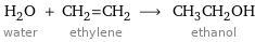 H_2O water + CH_2=CH_2 ethylene ⟶ CH_3CH_2OH ethanol