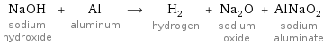 NaOH sodium hydroxide + Al aluminum ⟶ H_2 hydrogen + Na_2O sodium oxide + AlNaO_2 sodium aluminate