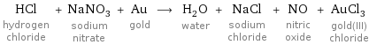 HCl hydrogen chloride + NaNO_3 sodium nitrate + Au gold ⟶ H_2O water + NaCl sodium chloride + NO nitric oxide + AuCl_3 gold(III) chloride