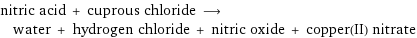 nitric acid + cuprous chloride ⟶ water + hydrogen chloride + nitric oxide + copper(II) nitrate