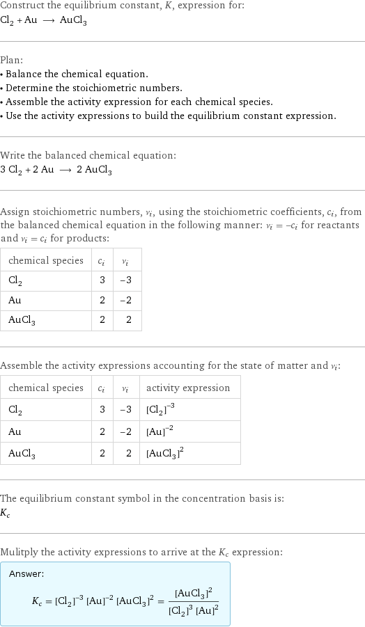 Construct the equilibrium constant, K, expression for: Cl_2 + Au ⟶ AuCl_3 Plan: • Balance the chemical equation. • Determine the stoichiometric numbers. • Assemble the activity expression for each chemical species. • Use the activity expressions to build the equilibrium constant expression. Write the balanced chemical equation: 3 Cl_2 + 2 Au ⟶ 2 AuCl_3 Assign stoichiometric numbers, ν_i, using the stoichiometric coefficients, c_i, from the balanced chemical equation in the following manner: ν_i = -c_i for reactants and ν_i = c_i for products: chemical species | c_i | ν_i Cl_2 | 3 | -3 Au | 2 | -2 AuCl_3 | 2 | 2 Assemble the activity expressions accounting for the state of matter and ν_i: chemical species | c_i | ν_i | activity expression Cl_2 | 3 | -3 | ([Cl2])^(-3) Au | 2 | -2 | ([Au])^(-2) AuCl_3 | 2 | 2 | ([AuCl3])^2 The equilibrium constant symbol in the concentration basis is: K_c Mulitply the activity expressions to arrive at the K_c expression: Answer: |   | K_c = ([Cl2])^(-3) ([Au])^(-2) ([AuCl3])^2 = ([AuCl3])^2/(([Cl2])^3 ([Au])^2)