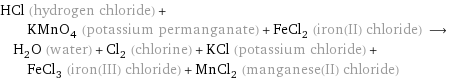 HCl (hydrogen chloride) + KMnO_4 (potassium permanganate) + FeCl_2 (iron(II) chloride) ⟶ H_2O (water) + Cl_2 (chlorine) + KCl (potassium chloride) + FeCl_3 (iron(III) chloride) + MnCl_2 (manganese(II) chloride)