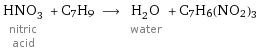 HNO_3 nitric acid + C7H9 ⟶ H_2O water + C7H6(NO2)3