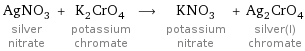 AgNO_3 silver nitrate + K_2CrO_4 potassium chromate ⟶ KNO_3 potassium nitrate + Ag_2CrO_4 silver(I) chromate