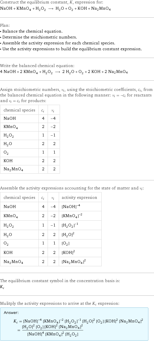 Construct the equilibrium constant, K, expression for: NaOH + KMnO_4 + H_2O_2 ⟶ H_2O + O_2 + KOH + Na2MnO4 Plan: • Balance the chemical equation. • Determine the stoichiometric numbers. • Assemble the activity expression for each chemical species. • Use the activity expressions to build the equilibrium constant expression. Write the balanced chemical equation: 4 NaOH + 2 KMnO_4 + H_2O_2 ⟶ 2 H_2O + O_2 + 2 KOH + 2 Na2MnO4 Assign stoichiometric numbers, ν_i, using the stoichiometric coefficients, c_i, from the balanced chemical equation in the following manner: ν_i = -c_i for reactants and ν_i = c_i for products: chemical species | c_i | ν_i NaOH | 4 | -4 KMnO_4 | 2 | -2 H_2O_2 | 1 | -1 H_2O | 2 | 2 O_2 | 1 | 1 KOH | 2 | 2 Na2MnO4 | 2 | 2 Assemble the activity expressions accounting for the state of matter and ν_i: chemical species | c_i | ν_i | activity expression NaOH | 4 | -4 | ([NaOH])^(-4) KMnO_4 | 2 | -2 | ([KMnO4])^(-2) H_2O_2 | 1 | -1 | ([H2O2])^(-1) H_2O | 2 | 2 | ([H2O])^2 O_2 | 1 | 1 | [O2] KOH | 2 | 2 | ([KOH])^2 Na2MnO4 | 2 | 2 | ([Na2MnO4])^2 The equilibrium constant symbol in the concentration basis is: K_c Mulitply the activity expressions to arrive at the K_c expression: Answer: |   | K_c = ([NaOH])^(-4) ([KMnO4])^(-2) ([H2O2])^(-1) ([H2O])^2 [O2] ([KOH])^2 ([Na2MnO4])^2 = (([H2O])^2 [O2] ([KOH])^2 ([Na2MnO4])^2)/(([NaOH])^4 ([KMnO4])^2 [H2O2])