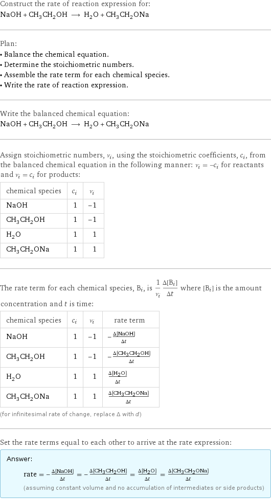 Construct the rate of reaction expression for: NaOH + CH_3CH_2OH ⟶ H_2O + CH_3CH_2ONa Plan: • Balance the chemical equation. • Determine the stoichiometric numbers. • Assemble the rate term for each chemical species. • Write the rate of reaction expression. Write the balanced chemical equation: NaOH + CH_3CH_2OH ⟶ H_2O + CH_3CH_2ONa Assign stoichiometric numbers, ν_i, using the stoichiometric coefficients, c_i, from the balanced chemical equation in the following manner: ν_i = -c_i for reactants and ν_i = c_i for products: chemical species | c_i | ν_i NaOH | 1 | -1 CH_3CH_2OH | 1 | -1 H_2O | 1 | 1 CH_3CH_2ONa | 1 | 1 The rate term for each chemical species, B_i, is 1/ν_i(Δ[B_i])/(Δt) where [B_i] is the amount concentration and t is time: chemical species | c_i | ν_i | rate term NaOH | 1 | -1 | -(Δ[NaOH])/(Δt) CH_3CH_2OH | 1 | -1 | -(Δ[CH3CH2OH])/(Δt) H_2O | 1 | 1 | (Δ[H2O])/(Δt) CH_3CH_2ONa | 1 | 1 | (Δ[CH3CH2ONa])/(Δt) (for infinitesimal rate of change, replace Δ with d) Set the rate terms equal to each other to arrive at the rate expression: Answer: |   | rate = -(Δ[NaOH])/(Δt) = -(Δ[CH3CH2OH])/(Δt) = (Δ[H2O])/(Δt) = (Δ[CH3CH2ONa])/(Δt) (assuming constant volume and no accumulation of intermediates or side products)