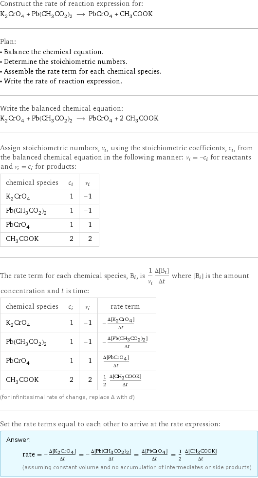 Construct the rate of reaction expression for: K_2CrO_4 + Pb(CH_3CO_2)_2 ⟶ PbCrO_4 + CH_3COOK Plan: • Balance the chemical equation. • Determine the stoichiometric numbers. • Assemble the rate term for each chemical species. • Write the rate of reaction expression. Write the balanced chemical equation: K_2CrO_4 + Pb(CH_3CO_2)_2 ⟶ PbCrO_4 + 2 CH_3COOK Assign stoichiometric numbers, ν_i, using the stoichiometric coefficients, c_i, from the balanced chemical equation in the following manner: ν_i = -c_i for reactants and ν_i = c_i for products: chemical species | c_i | ν_i K_2CrO_4 | 1 | -1 Pb(CH_3CO_2)_2 | 1 | -1 PbCrO_4 | 1 | 1 CH_3COOK | 2 | 2 The rate term for each chemical species, B_i, is 1/ν_i(Δ[B_i])/(Δt) where [B_i] is the amount concentration and t is time: chemical species | c_i | ν_i | rate term K_2CrO_4 | 1 | -1 | -(Δ[K2CrO4])/(Δt) Pb(CH_3CO_2)_2 | 1 | -1 | -(Δ[Pb(CH3CO2)2])/(Δt) PbCrO_4 | 1 | 1 | (Δ[PbCrO4])/(Δt) CH_3COOK | 2 | 2 | 1/2 (Δ[CH3COOK])/(Δt) (for infinitesimal rate of change, replace Δ with d) Set the rate terms equal to each other to arrive at the rate expression: Answer: |   | rate = -(Δ[K2CrO4])/(Δt) = -(Δ[Pb(CH3CO2)2])/(Δt) = (Δ[PbCrO4])/(Δt) = 1/2 (Δ[CH3COOK])/(Δt) (assuming constant volume and no accumulation of intermediates or side products)