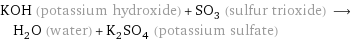 KOH (potassium hydroxide) + SO_3 (sulfur trioxide) ⟶ H_2O (water) + K_2SO_4 (potassium sulfate)